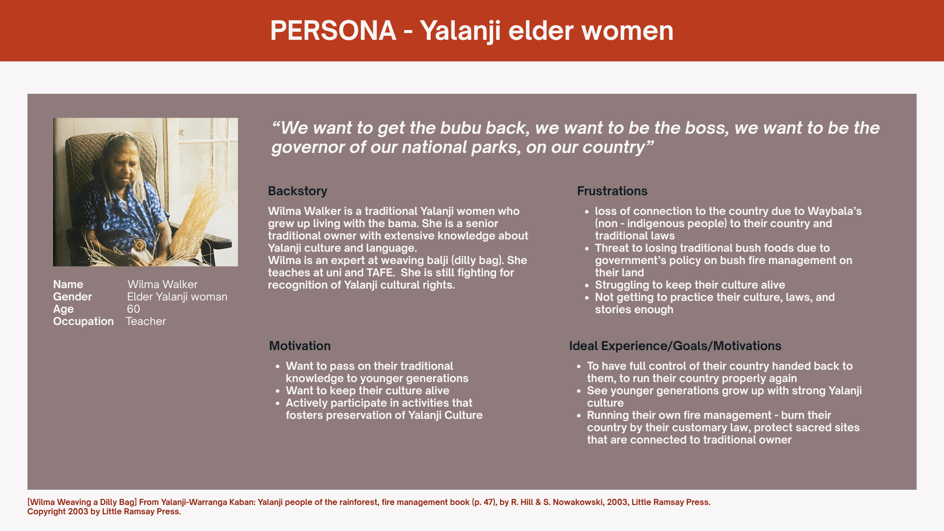 Elder Yalanji woman persona